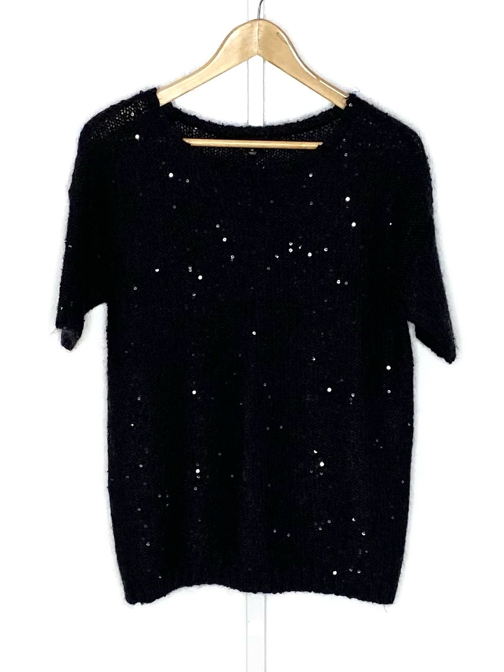 Ann Taylor | Black Sequin Knit Short-Sleeve Sweater with Mohair & Wool Sz Medium